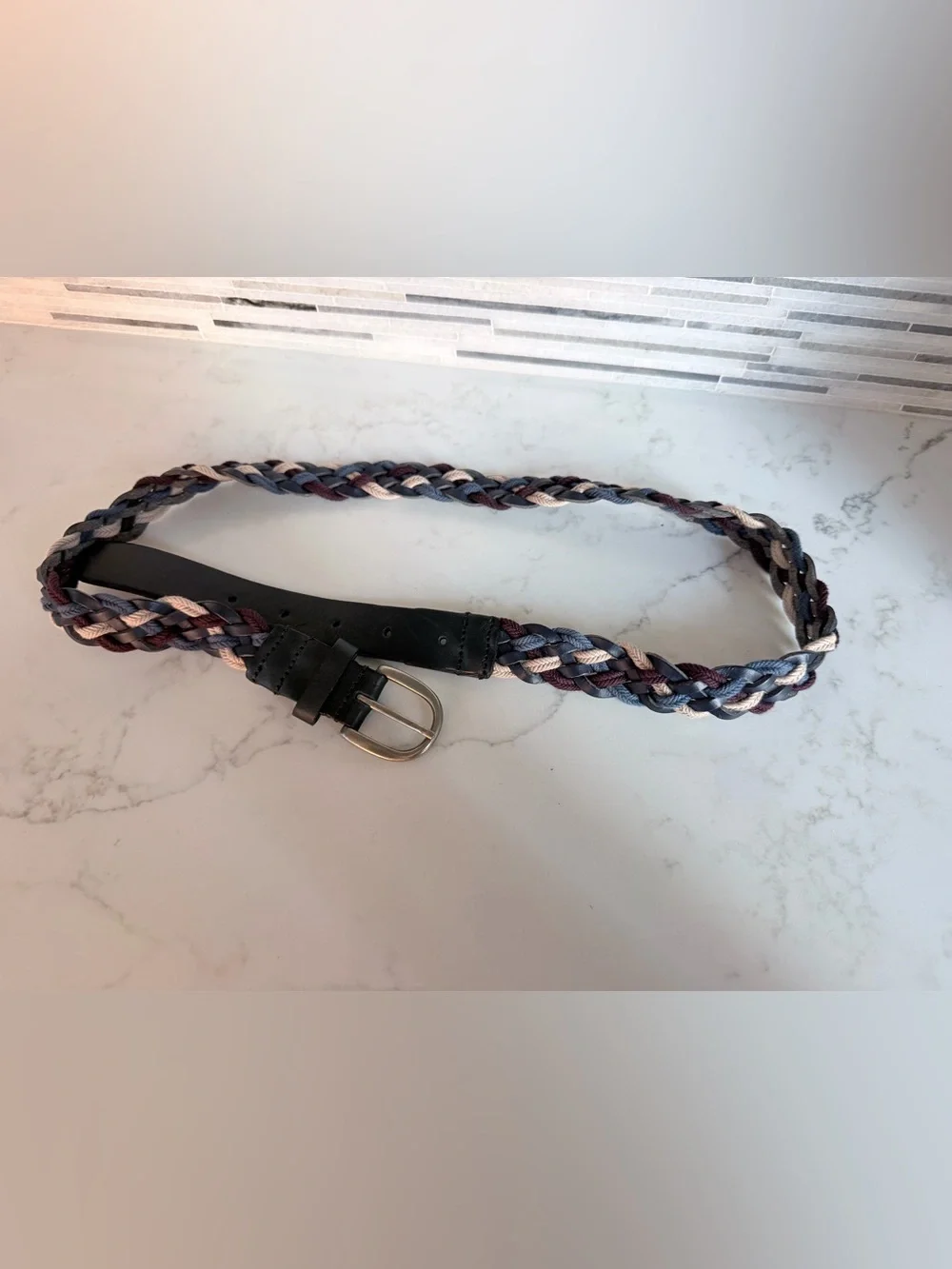 Braided Multicolor Belt with Black Leather Trim size M length 39”